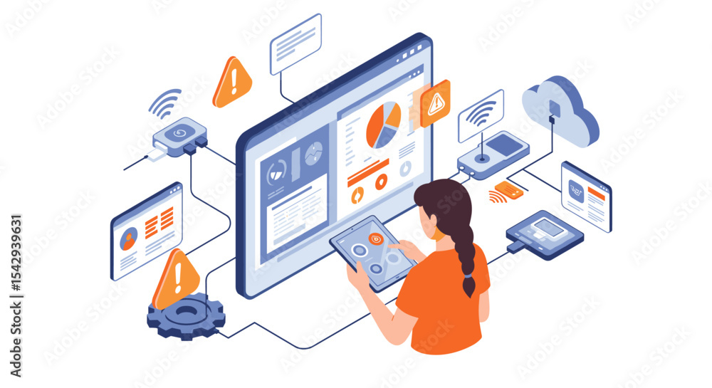 Poster data analysis and cyber security concept with female analyst monitoring digital alerts vector illust