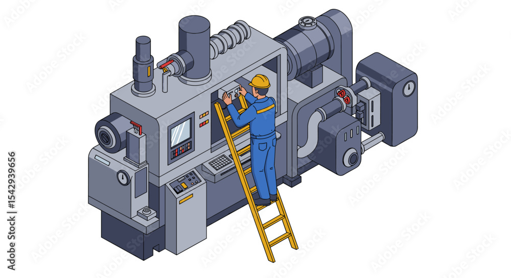 Poster industrial worker operating cnc machine with ladder in factory setting vector illustration isometric