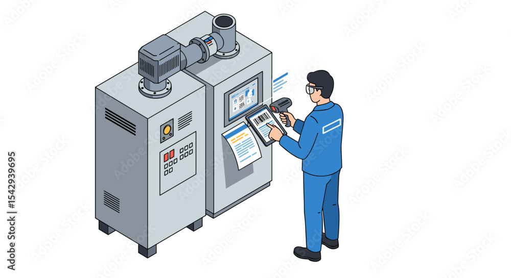 Poster industrial machine technician operating control system for automation and efficiency vector illustra