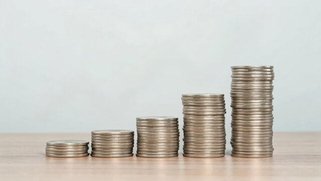 Stacked coin finance saving investment money growth economy business and wealth concept with neutral. Inflation ,stagflation, recession and depression . Economic, financial crisis concept