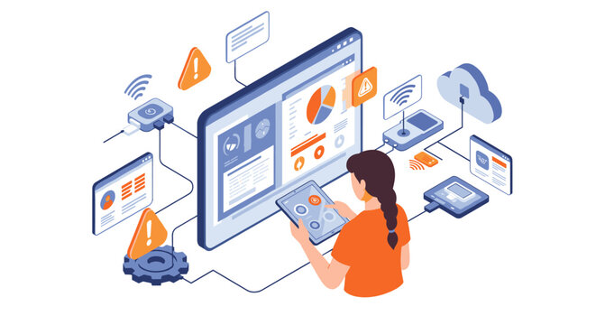 Data analysis and cyber security concept with female analyst monitoring digital alerts vector illustration isometric