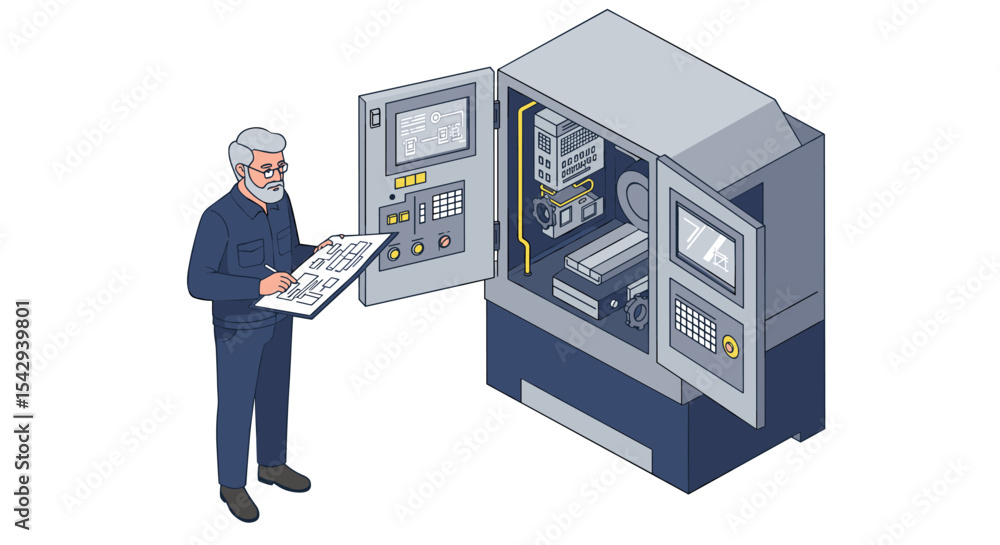 Aufkleber engineer reviewing mechanical schematics next to cnc machine for precision manufacturing vector illu