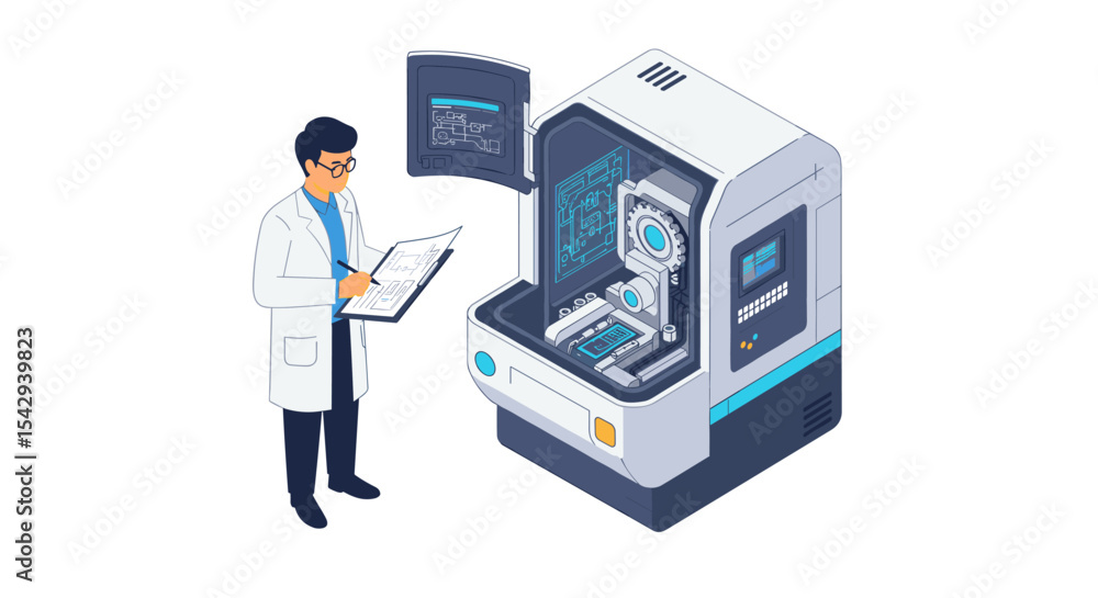 Poster engineer analyzing data from advanced medical imaging machine for technology development vector illu