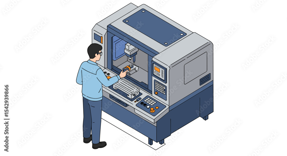 Poster engineer operating cnc machine for precision manufacturing and industrial automation vector illustra