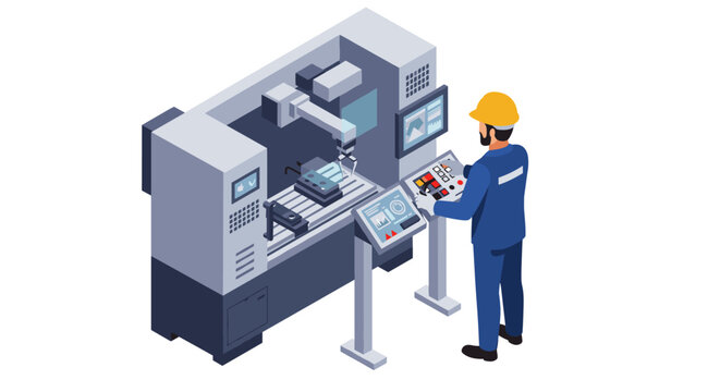 Industrial automation technology with engineer operating cnc machine for manufacturing process vector illustration isometric