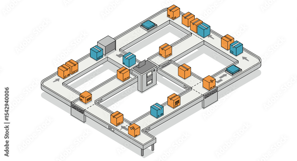 Poster automation concept in warehouse logistics with conveyor system and boxes vector illustration isometr