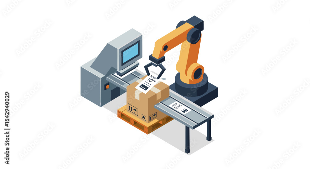 Poster automated packaging system with robotic arm and conveyor belt for efficient warehouse management vec