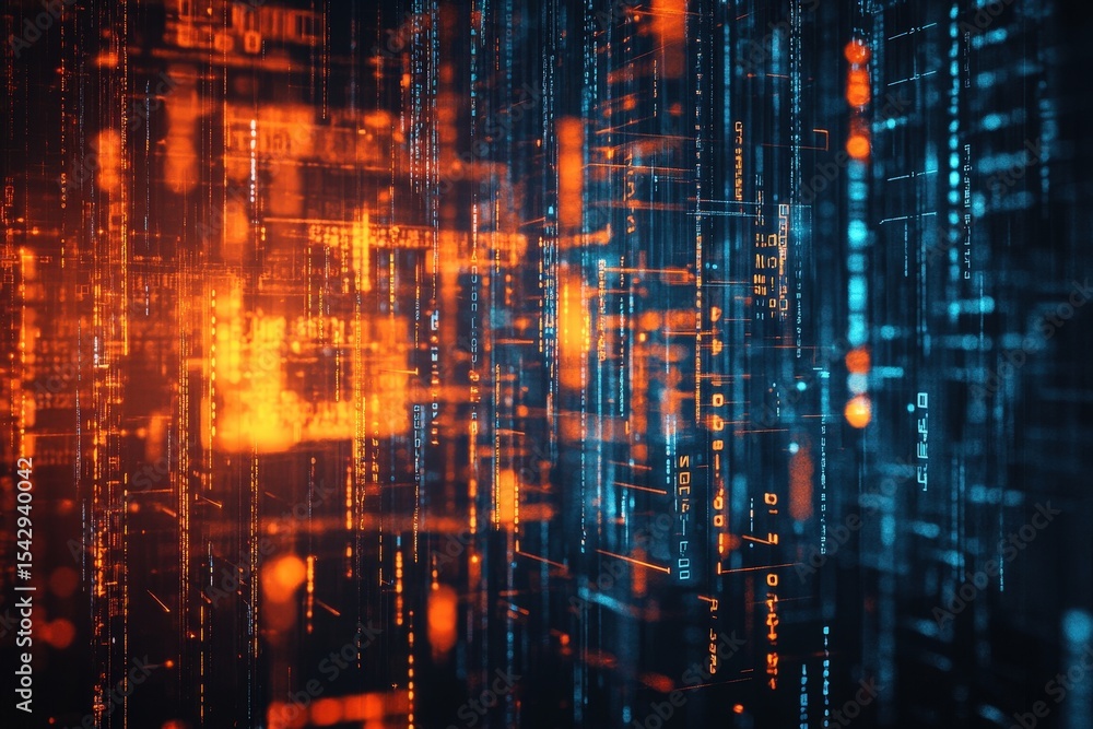 Poster abstract digital network display with glowing orange and teal lines.