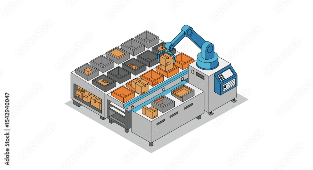 Poster automated industrial conveyor system with robotic arm for smart manufacturing and packaging solution