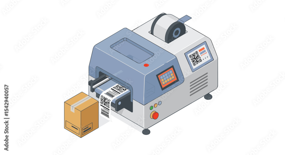 Poster automated barcode label printer for efficient shipping and packaging solutions vector illustration i
