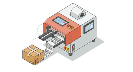 Automated shipping label printer with cardboard box for efficient warehouse management vector illustration isometric