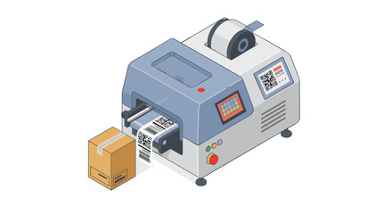 Automated barcode label printer for efficient shipping and packaging solutions vector illustration isometric