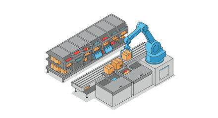 Obraz premium Automated warehouse robot sorting boxes for efficient distribution and logistics management vector illustration isometric