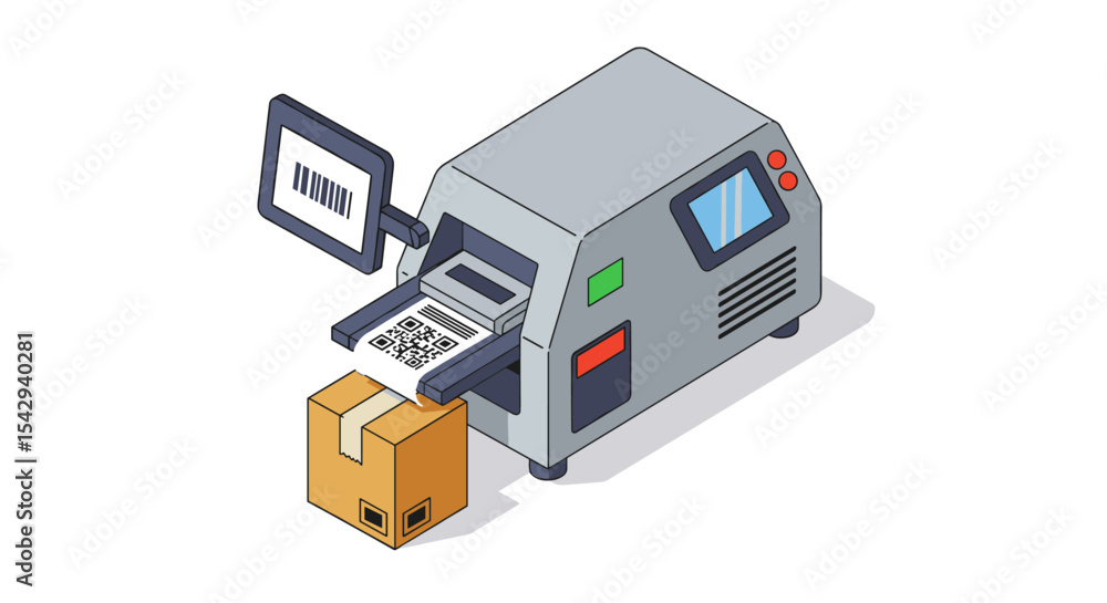 Poster barcode printing machine with package for logistic and shipping solutions vector illustration isomet