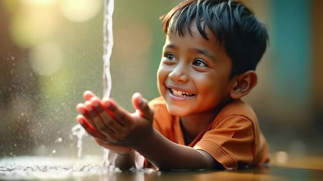 Happy indian boy enjoying clean water from tap on street in indian village, concept of importance of clean water for life and shigene, world water day, access to clean drinking water in india