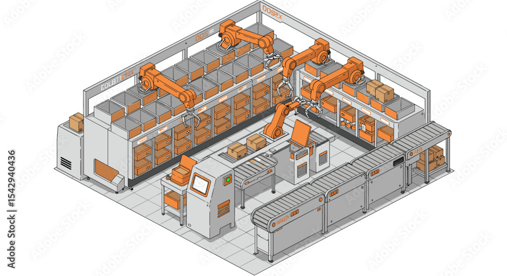 Aufkleber automated packaging system with robotic arms in warehouse setting vector illustration isometric