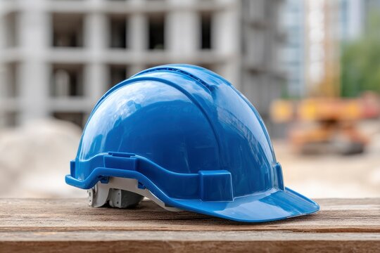 A blue hard hat sits on a wooden surface with a construction site blurred in the background - Powered by Adobe