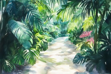 Fototapeta premium Lush tropical foliage pathway in watercolor.
