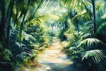 Lush jungle path in watercolor painting.