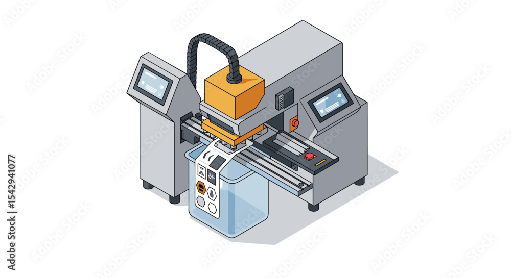 Poster high-tech packaging machine with automated labeling system for industrial use vector illustration is