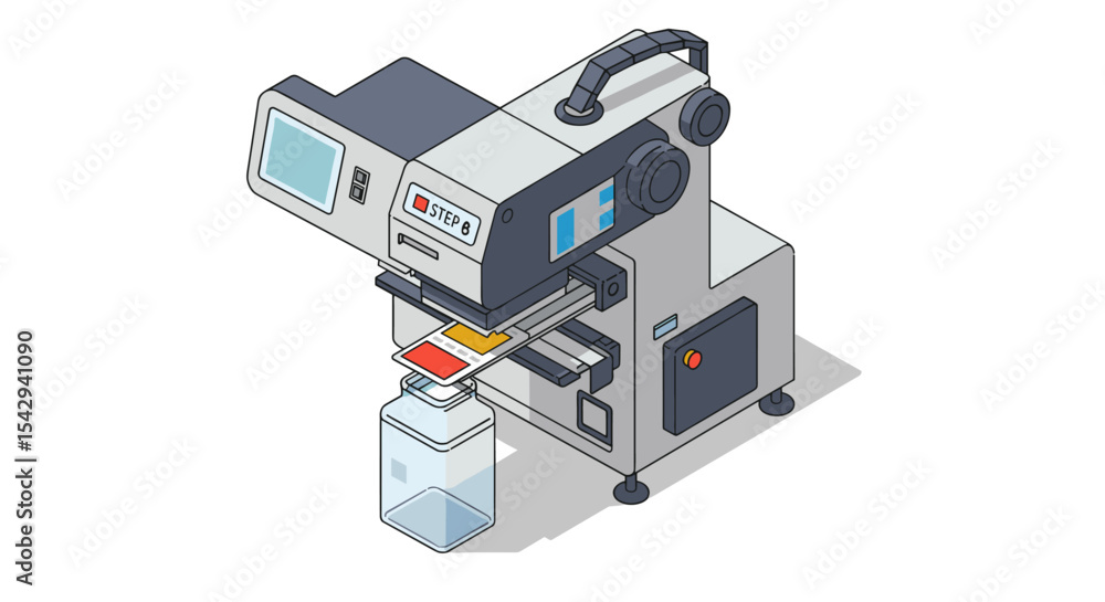 Poster modern industrial printer with lcd display for automated production process vector illustration isom