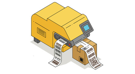 Barcode label printing machine for packaging and shipping solutions vector illustration isometric