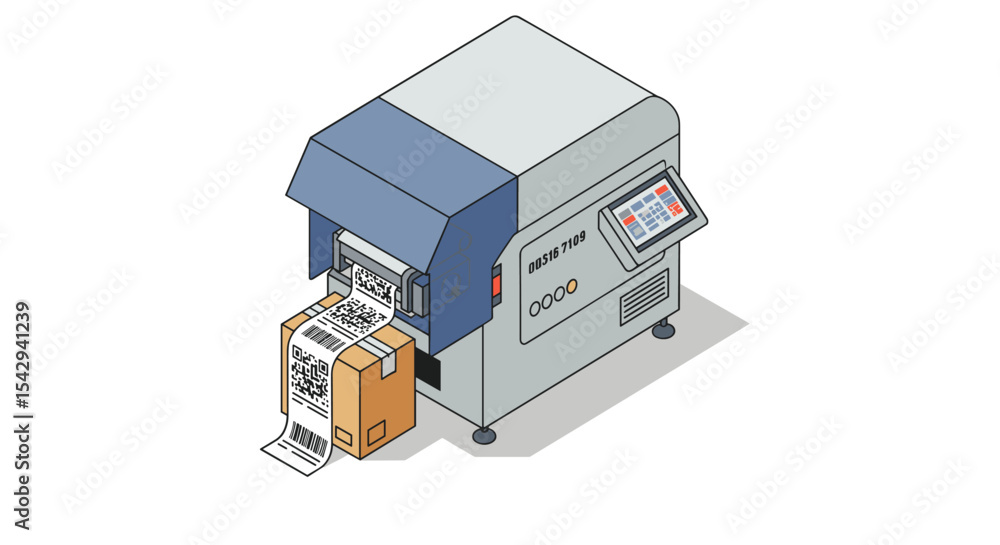 Poster efficient shipping label printer for seamless package management and barcode generation vector illus