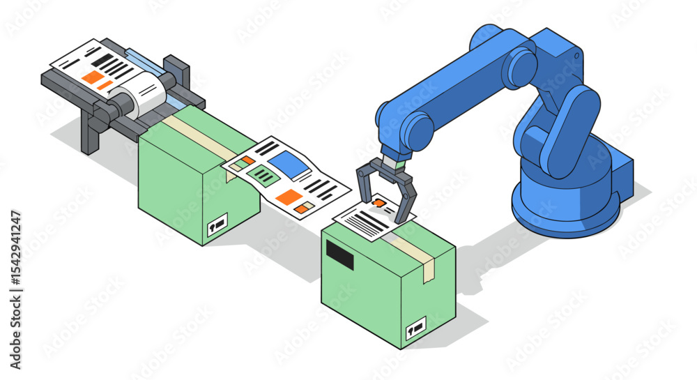 Poster robotic arm in automated packaging line for efficient production design vector illustration isometri