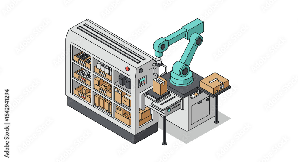 Poster automated warehouse robot sorting and packing boxes in a modern industrial setting vector illustrati
