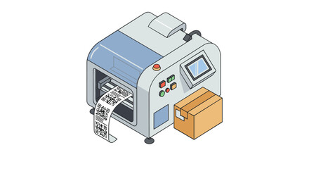 Barcode printer with box and screen interface for logistics and shipping vector illustration isometric