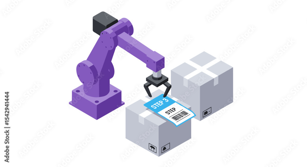 Poster automated robotic arm handling packages for efficient warehouse management vector illustration isome