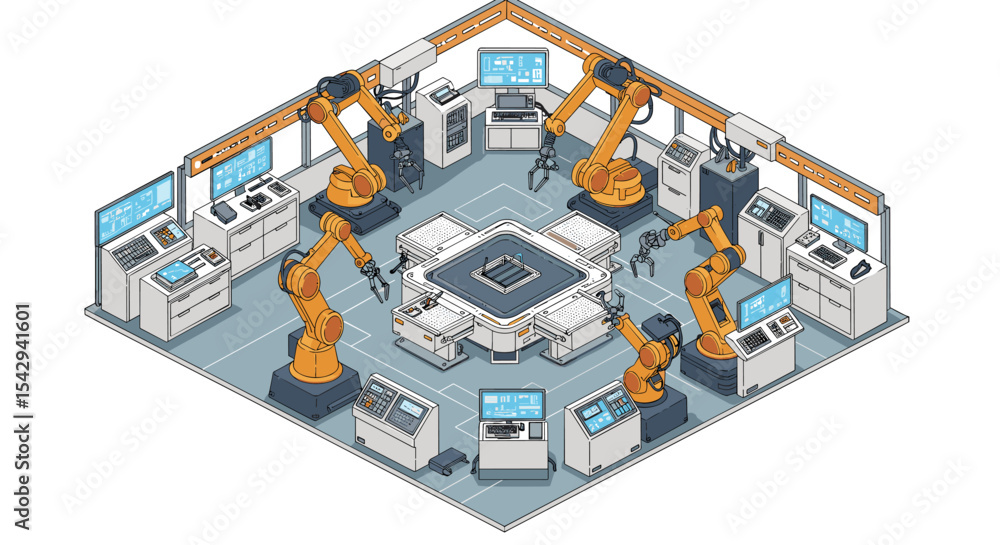 Aufkleber advanced robotics manufacturing facility automation and innovation concept vector illustration isome