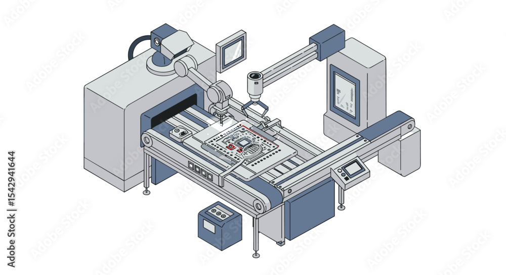 Poster advanced circuit board manufacturing in a high-tech assembly line vector illustration isometric