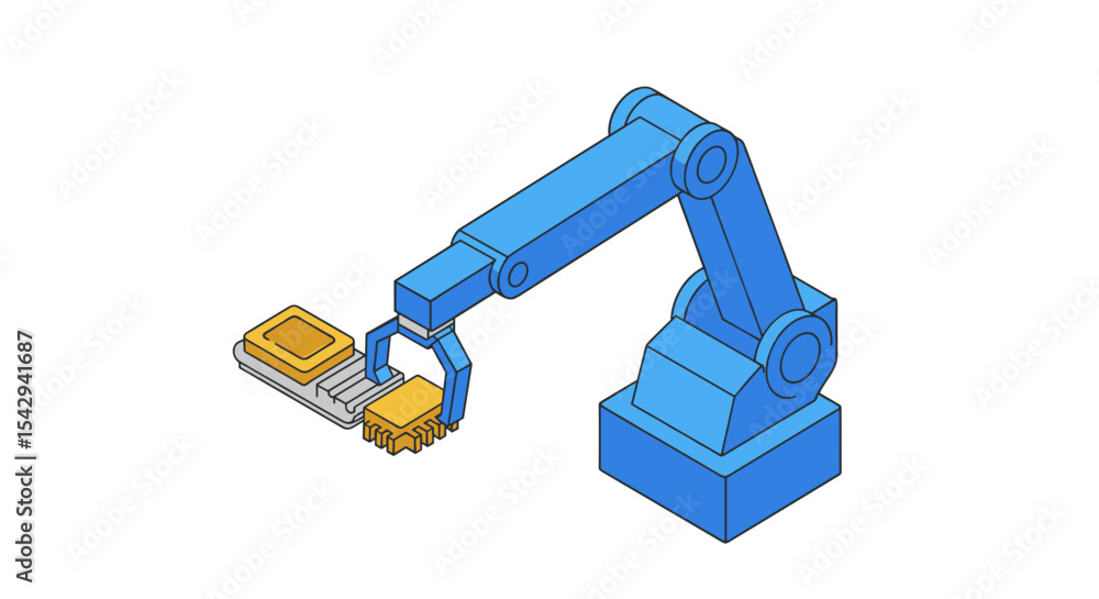 Poster robotic arm assembling circuit board for modern technology and automation vector illustration isomet