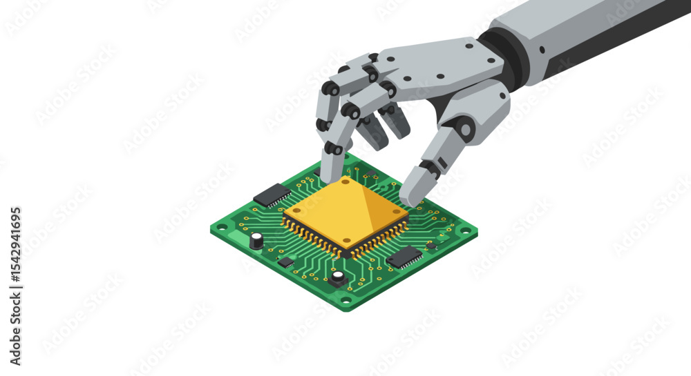 Poster robotic hand interacting with microchip for innovative technology vector illustration isometric