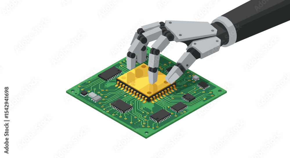 Poster robotic hand assembling circuit board in technology and automation concept vector illustration isome