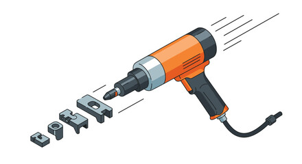 Creative concept of cordless power drill with flying letters for construction design vector illustration isometric