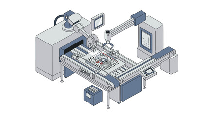Advanced circuit board manufacturing in a high-tech assembly line vector illustration isometric