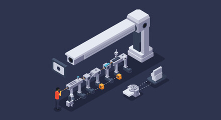Isometric industrial automation process with robotic arm and worker for technology development vector illustration isometric