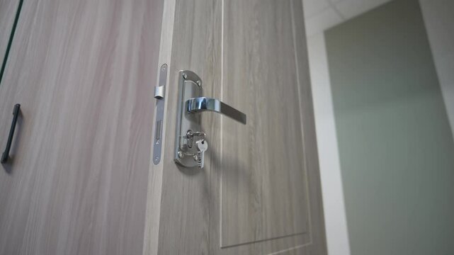 Inviting open doorway reveals glimpse of cozy dorm interior. Lock glistens with unturned brass key promising security and personal space