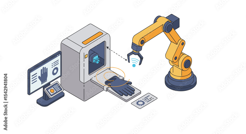 Poster robotic arm manufacturing process with automated control for industrial innovation design vector ill