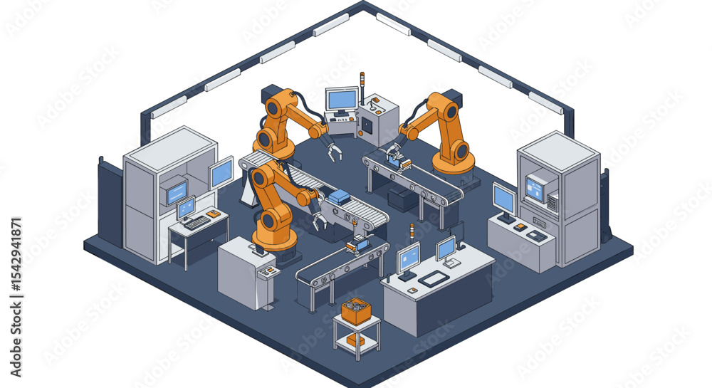 Poster automated robotics in a modern factory concept design for industrial innovation visuals vector illus