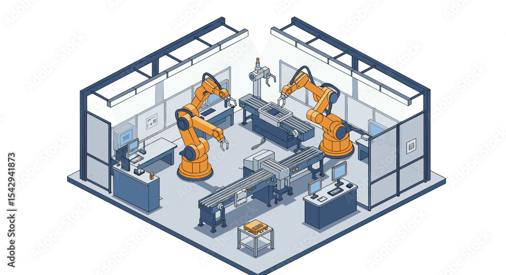 Poster automated manufacturing process with robotic arms in a modern factory setting vector illustration is