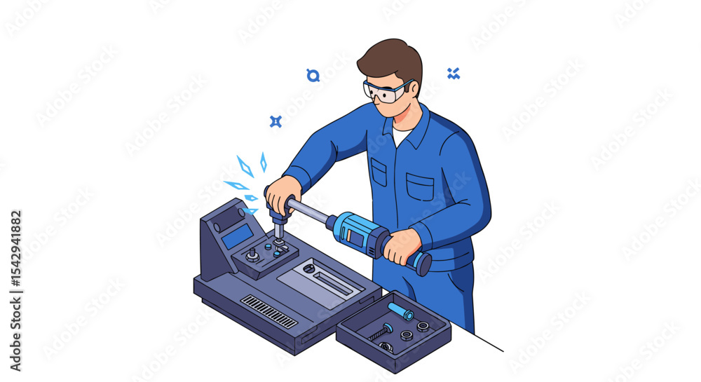 Poster technician operating precision drill machine in workshop for mechanical engineering vector illustrat