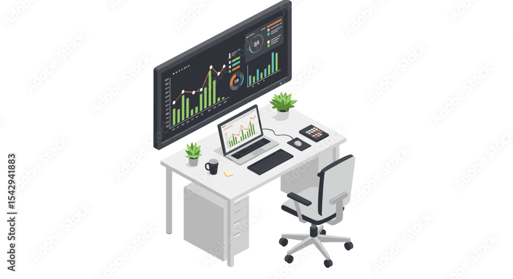 Poster modern office workspace with digital analytics dashboard for business strategy and productivity vect