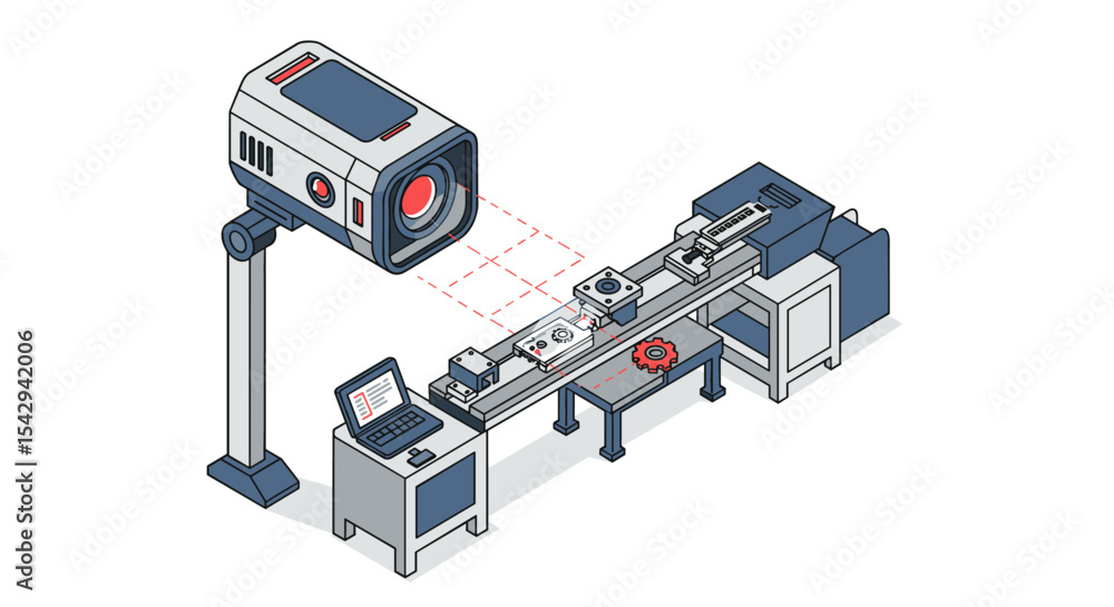 Poster industrial automation with advanced laser technology and conveyor system vector illustration isometr