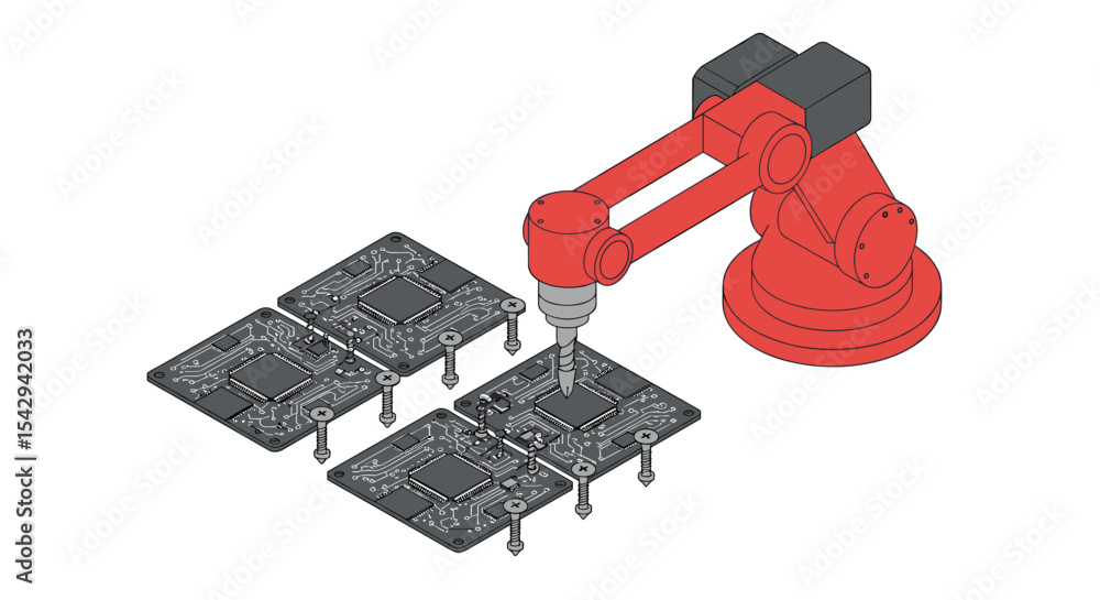 Poster robotic arm assembling circuit boards for electronic manufacturing automation and technology vector 