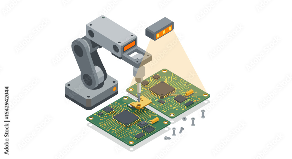 Poster robotic arm soldering circuit boards for precision electronic assembly and automation vector illustr