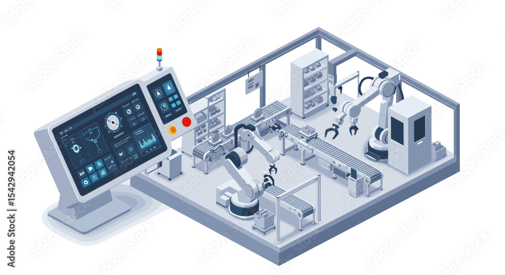 Poster automated manufacturing technology concept with robotics and control system for industrial innovatio