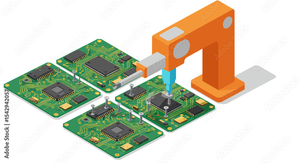 Poster robotic arm assembling microchips on circuit boards for technological innovation vector illustration